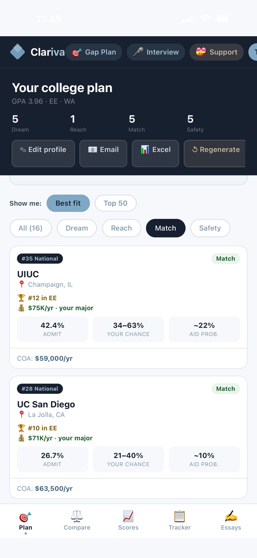 The same plan filtered to Match-tier schools, each card showing admit rate, estimated chance, aid probability, and annual cost
