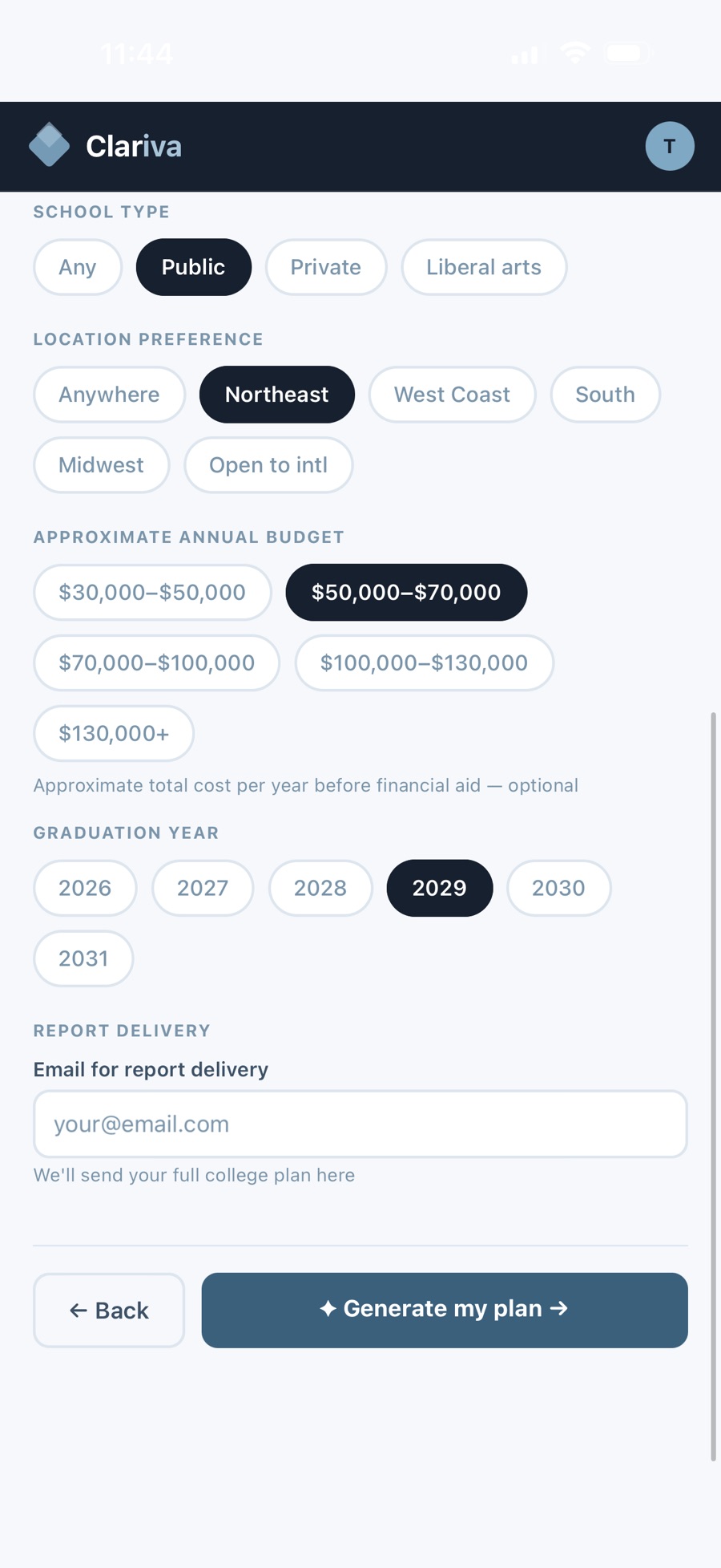 The final step of profile intake: school type, location, budget, and graduation year