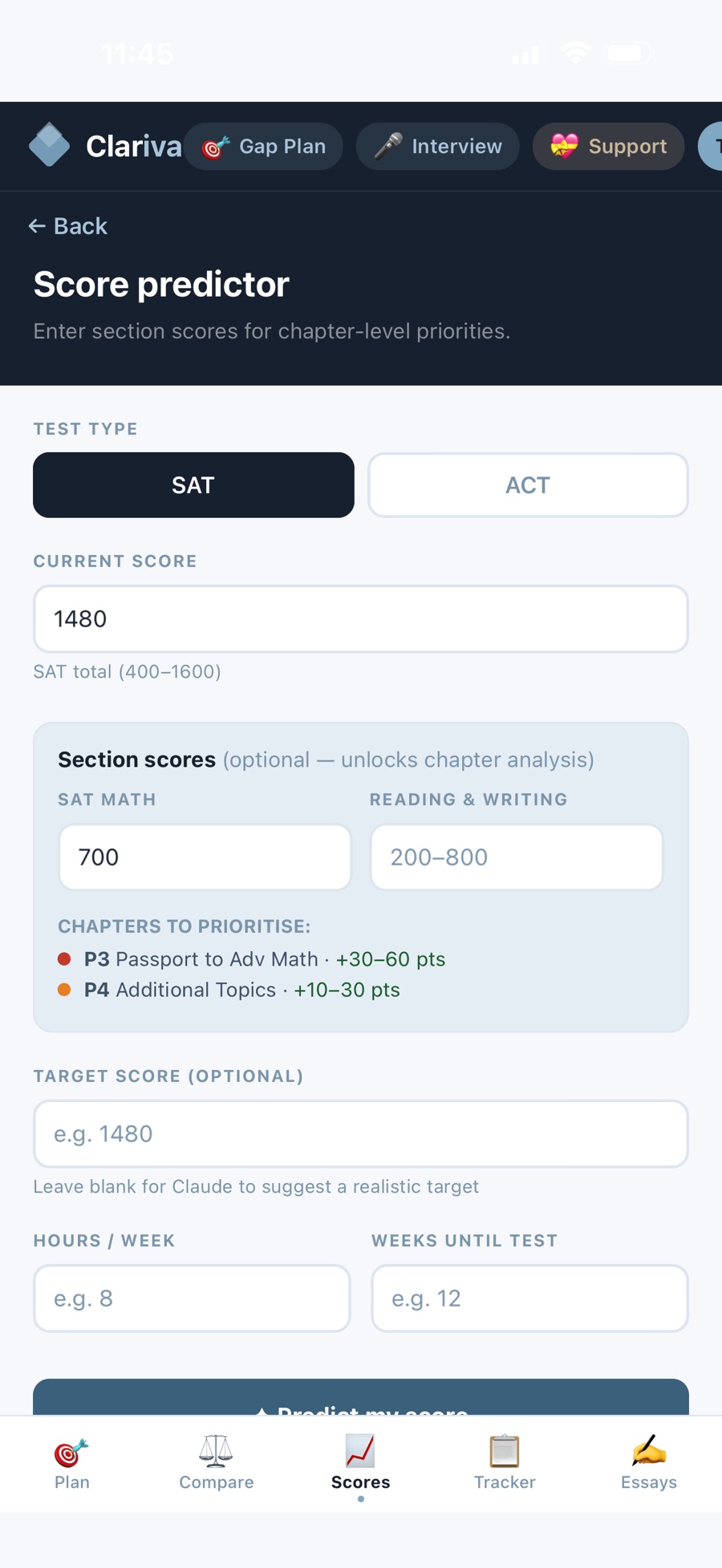 The score predictor, taking section scores and returning the chapters to prioritise
