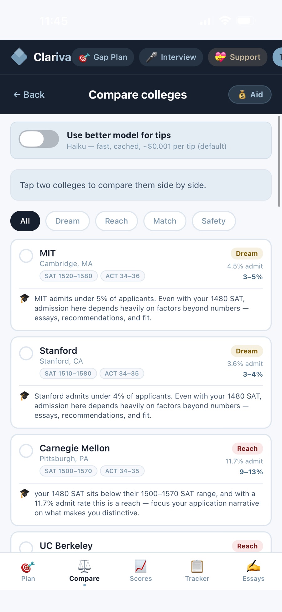 Two colleges compared side by side with their admitted score ranges, admit rates, and assigned tiers