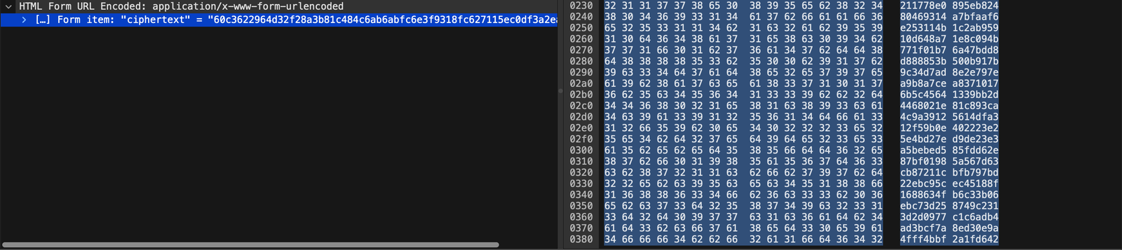 Wireshark's packet detail for an attendance submission: the only form field is ciphertext, followed by a long hexadecimal value, with the raw bytes shown alongside.