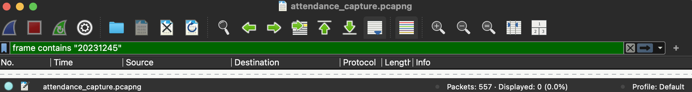 The top and bottom of a Wireshark window: the display filter frame contains followed by the test student ID, and the status bar reading Packets: 557, Displayed: 0.