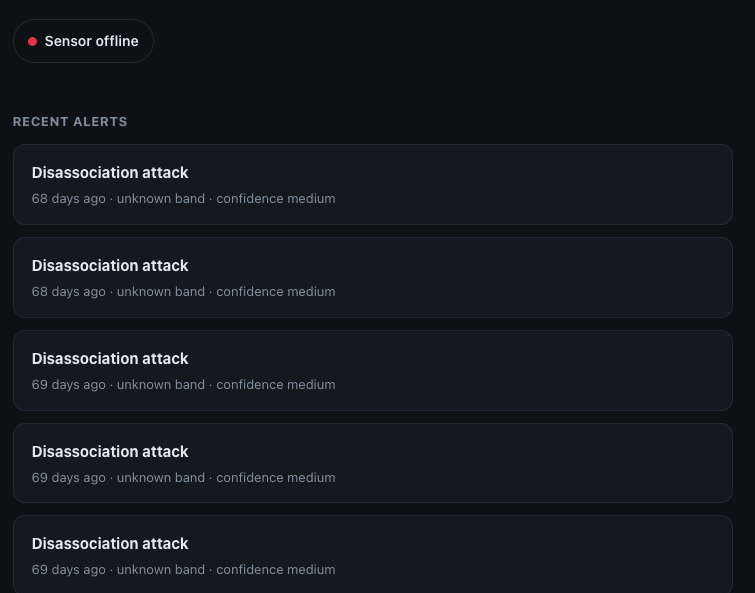 The ShieldWave dashboard listing five disassociation-attack events, each showing only the attack type, how long ago it occurred, the frequency band, and a confidence level.